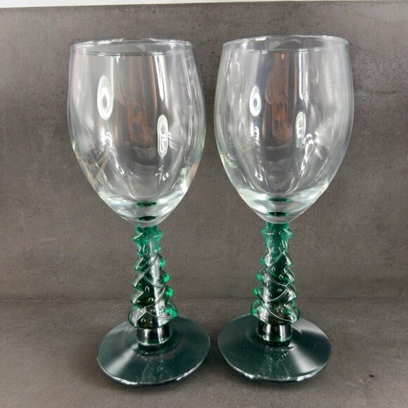 Libbey Green Christmas Tree Stem Water Goblet Wine Glass Crystal Cup Set Of 2 - Picture 2 of 15